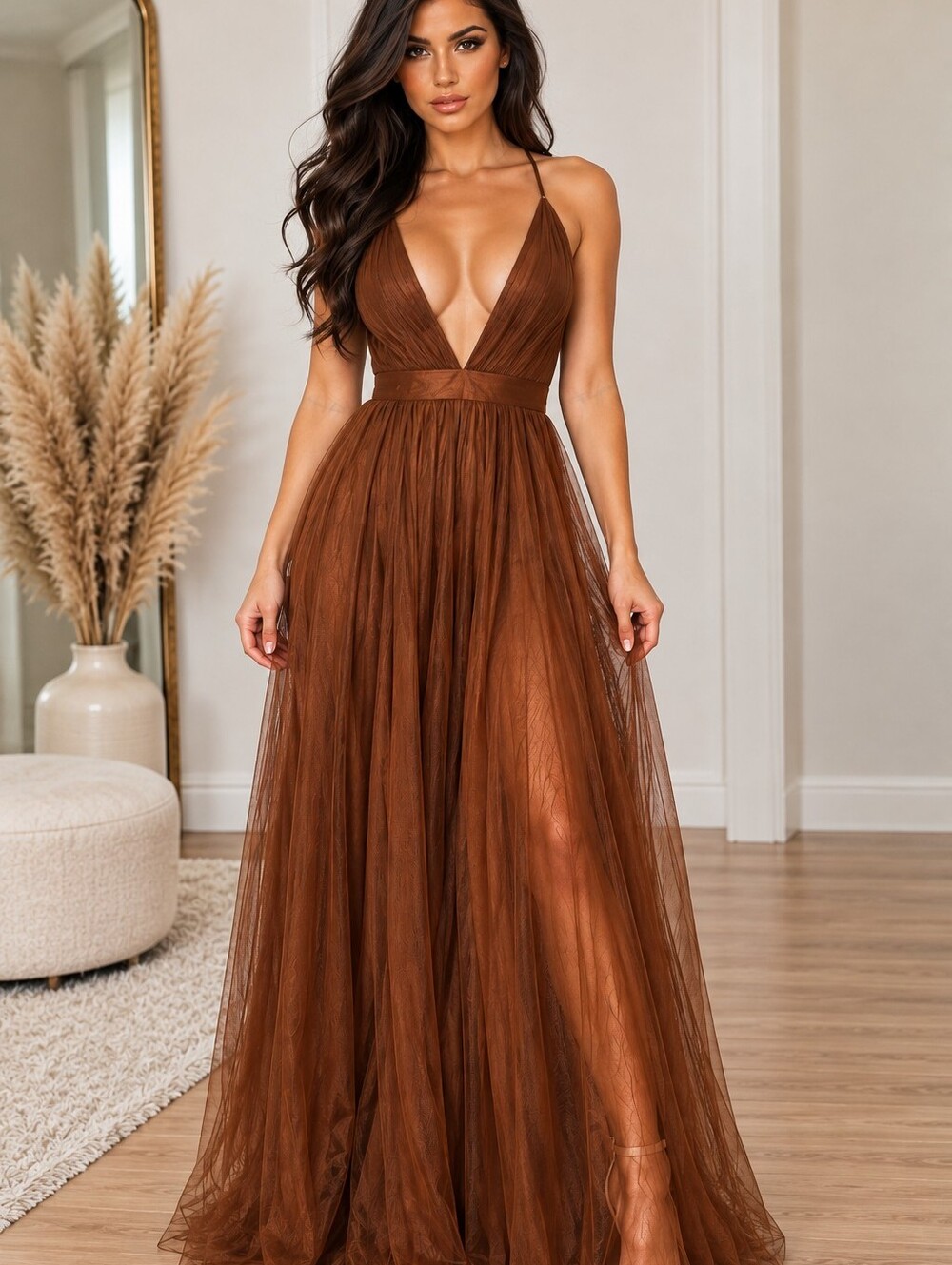 Elegant Copper Plunge Tulle Evening Dress